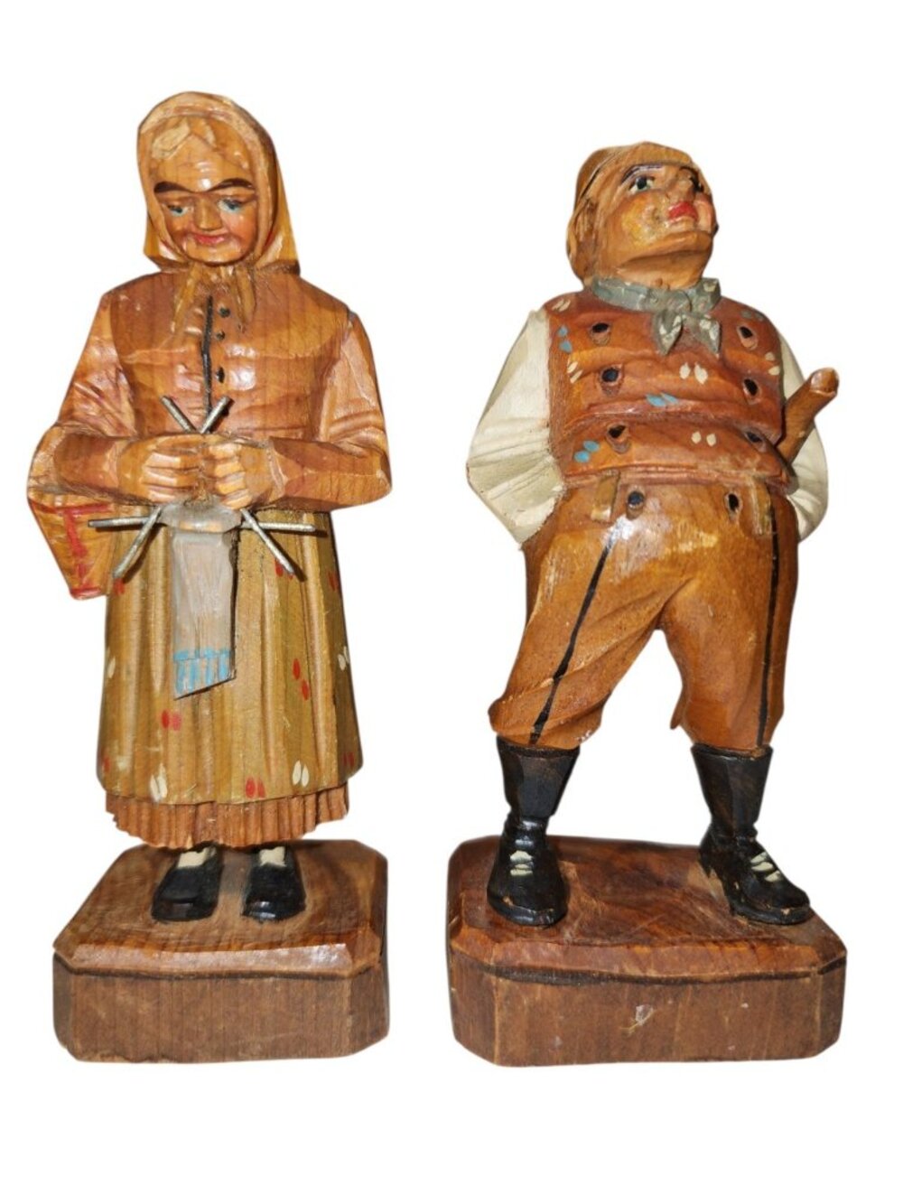 Vtg Carved Wood Folk Art Figurine Old Women Man Hand Painted Couple Pilgrims